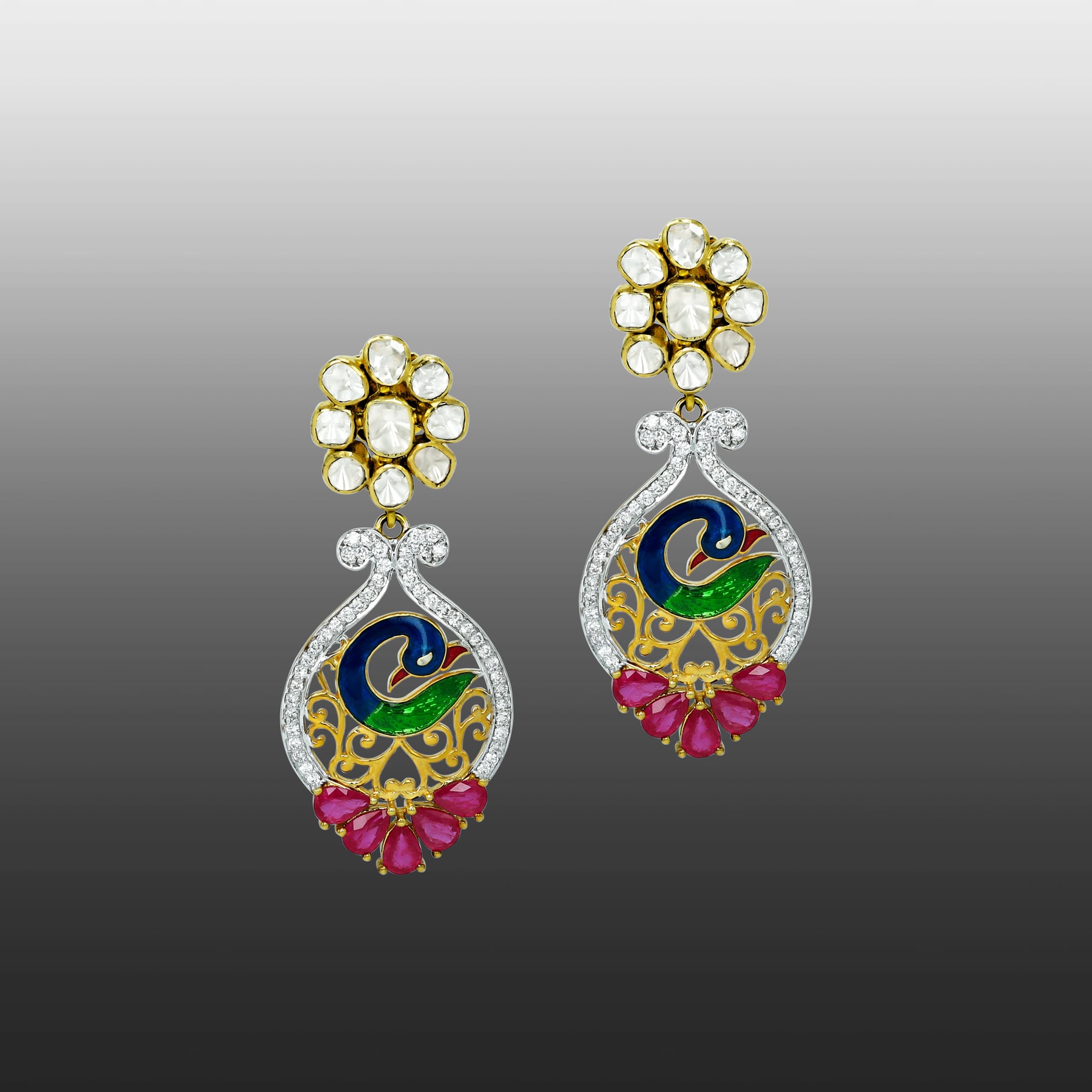 Polki Floral Earrings with Peacock Enamel and Ruby Accents